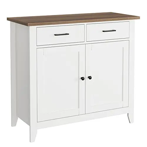 HORSTORS Kitchen Storage Cabinet, Modern Farmhouse Buffet Cabinet with Storage, Coffee Bar with 2 Drawers and 2 Doors, Floor Sideboard Buffet for Living Room, Dining Room, Bathroom, Ivory White
